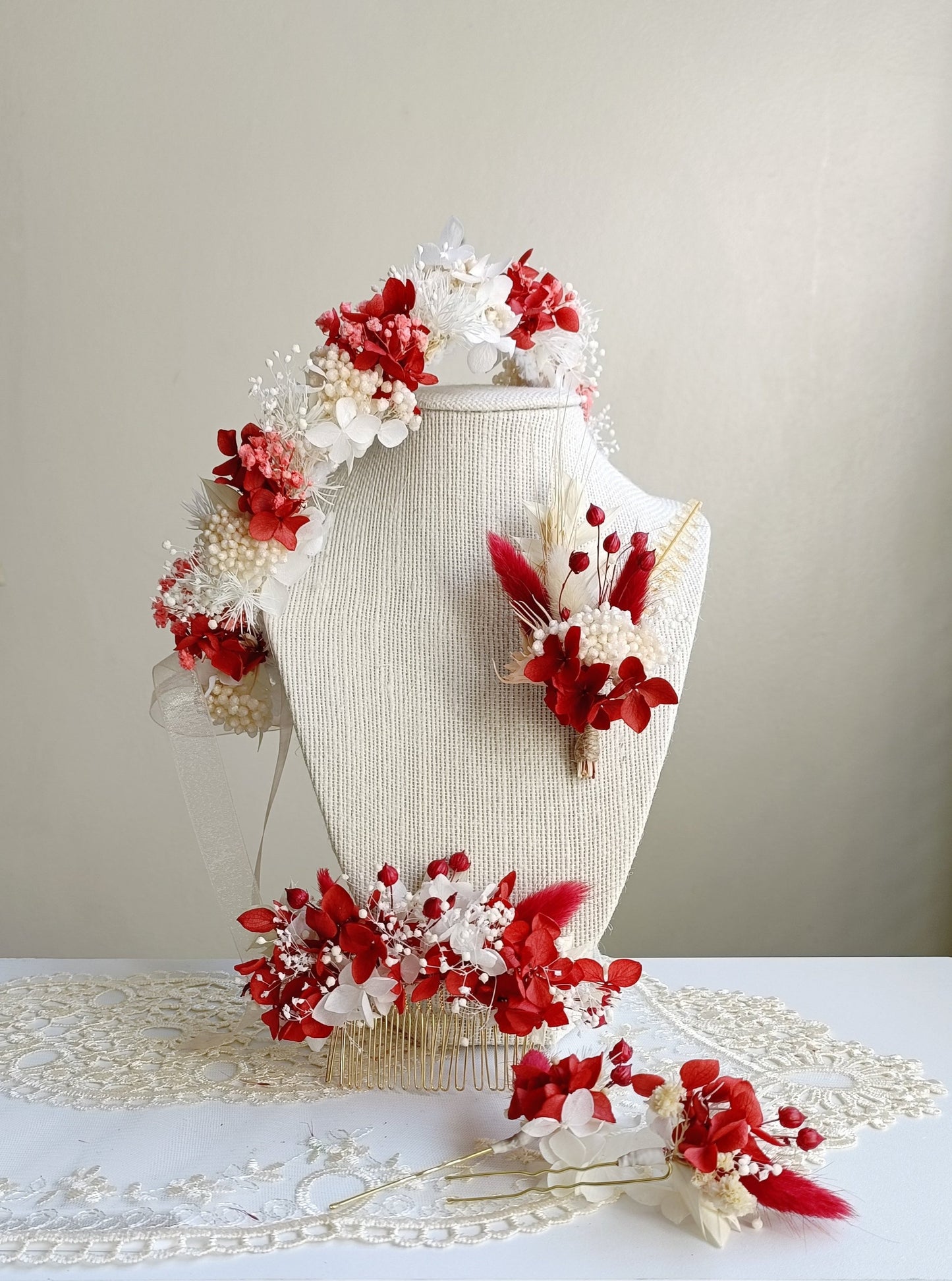 Dried Floral Crown | White & Dusty Red Crown