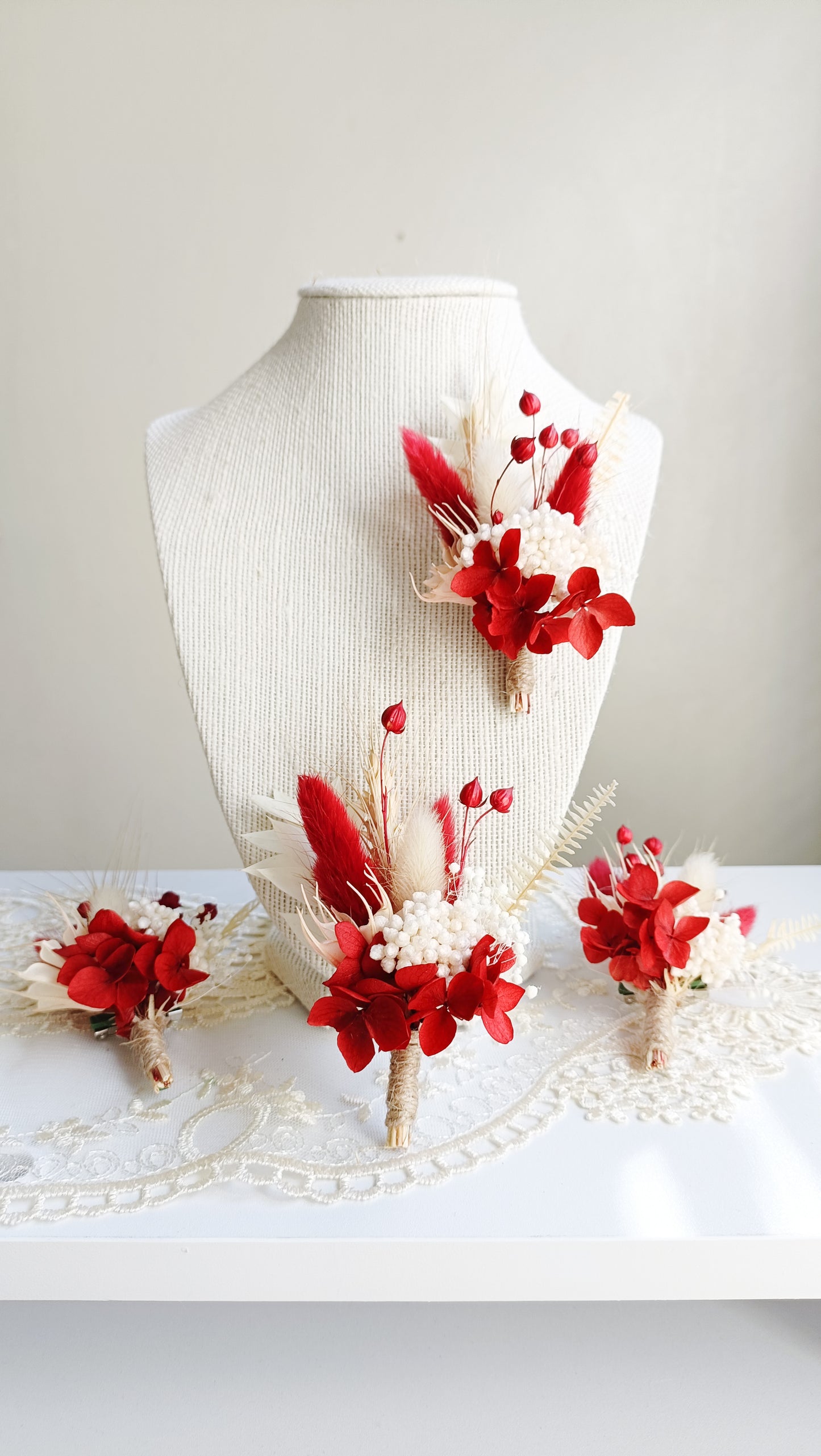 Dried Flower Boutonniere |Classic White and Red