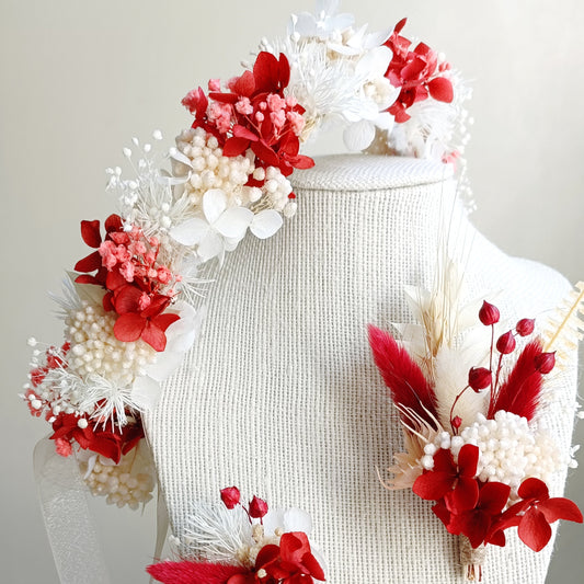 Dried Floral Crown | White & Dusty Red Crown