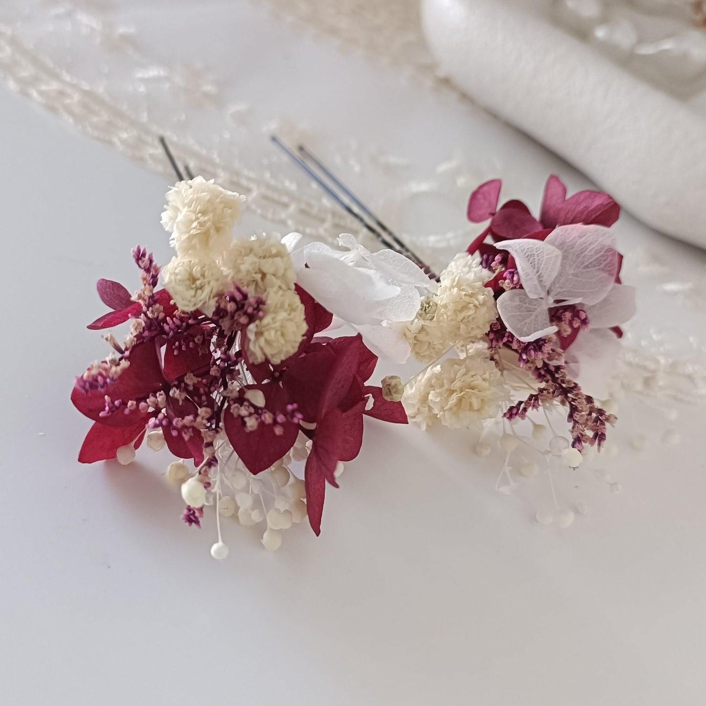 Set 5/10 White and Cherry Wedding Floral Hair Pins