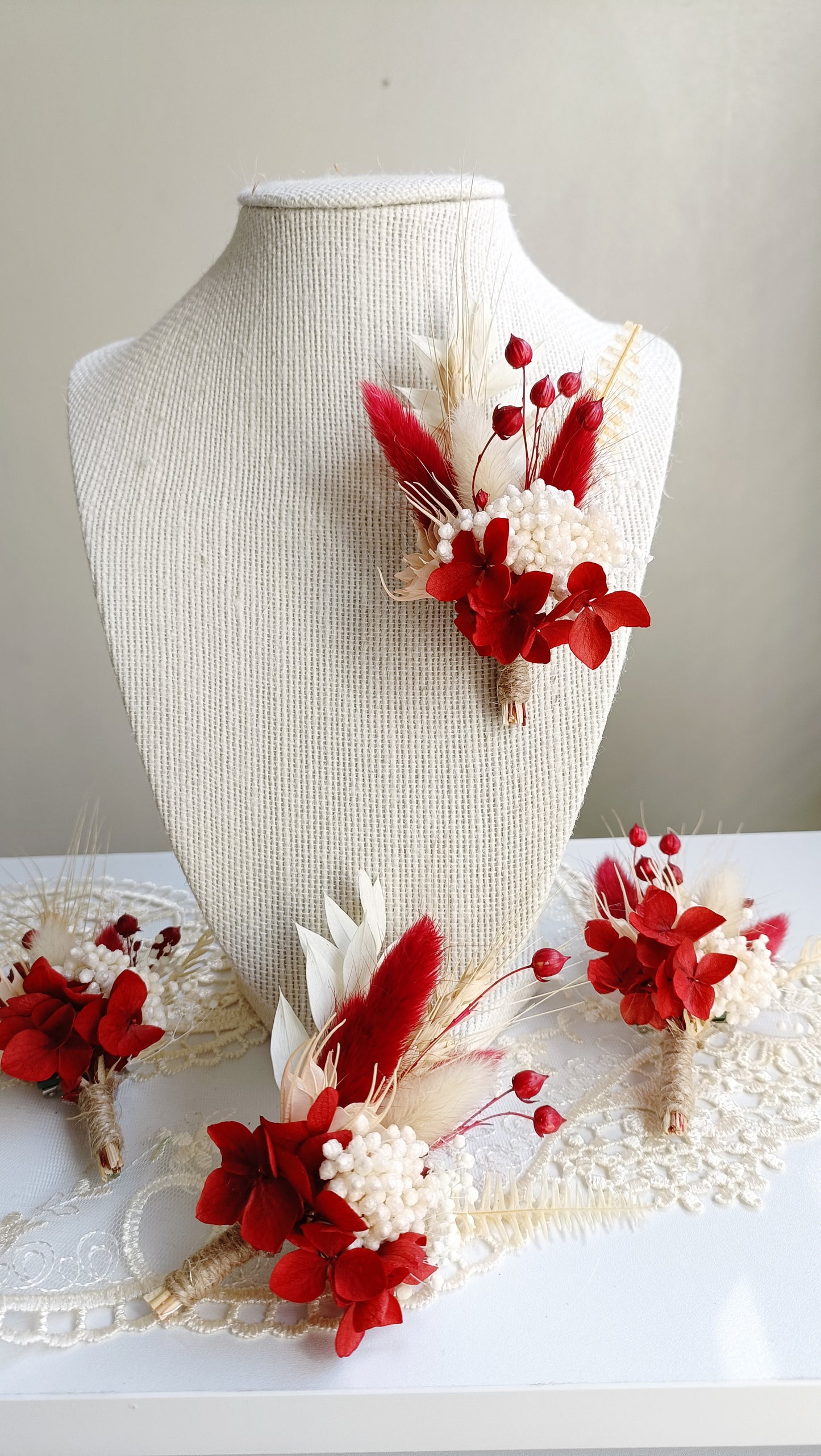 Dried Flower Boutonniere |Classic White and Red