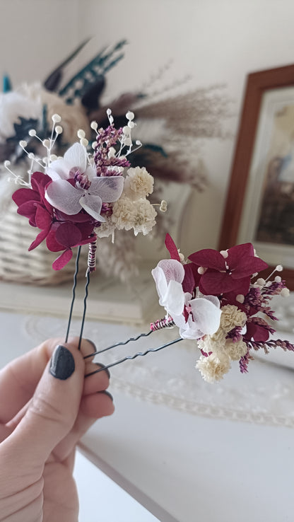 Set 5/10 White and Cherry Wedding Floral Hair Pins