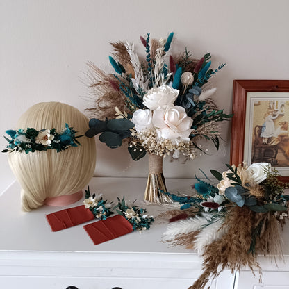 Teal and Aqua Boho Bridal Bouquet with Wildflowers