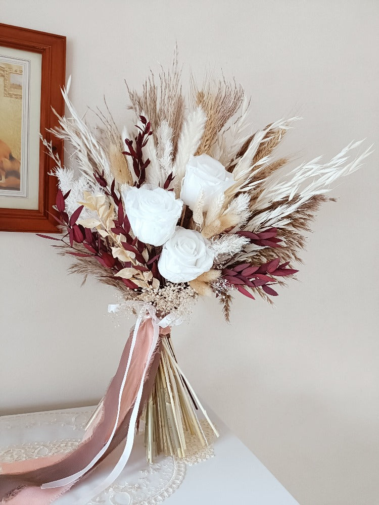 Burgundy Rose Bridal Bouquet,Dried Flower Wedding,Boho Wedding Bouquet,Pampas Bouquet,Burgundy Rose Bouquet, Autumn Wedding, Bridal Bouquet, Rustic Bridal Flower, Wildflower Bouquet, Boho Wedding Bouquet, Bridesmaid Dried Flowers, Preserved Flowers Natural Colour