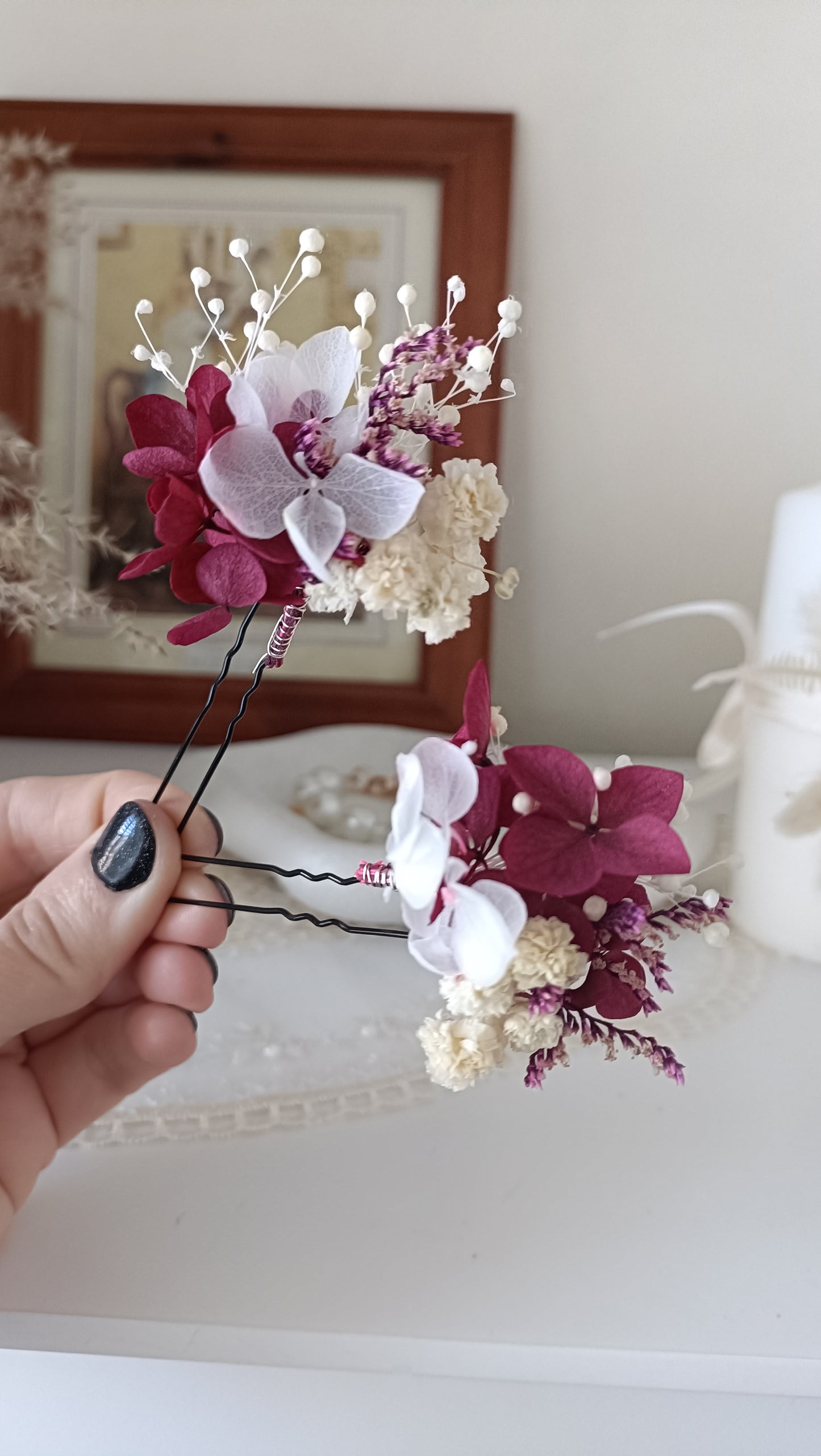 Set 5/10 White and Cherry Wedding Floral Hair Pins