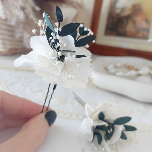 Bridal Hair Pins with Preserved White Hydrangea and Eucalyptus