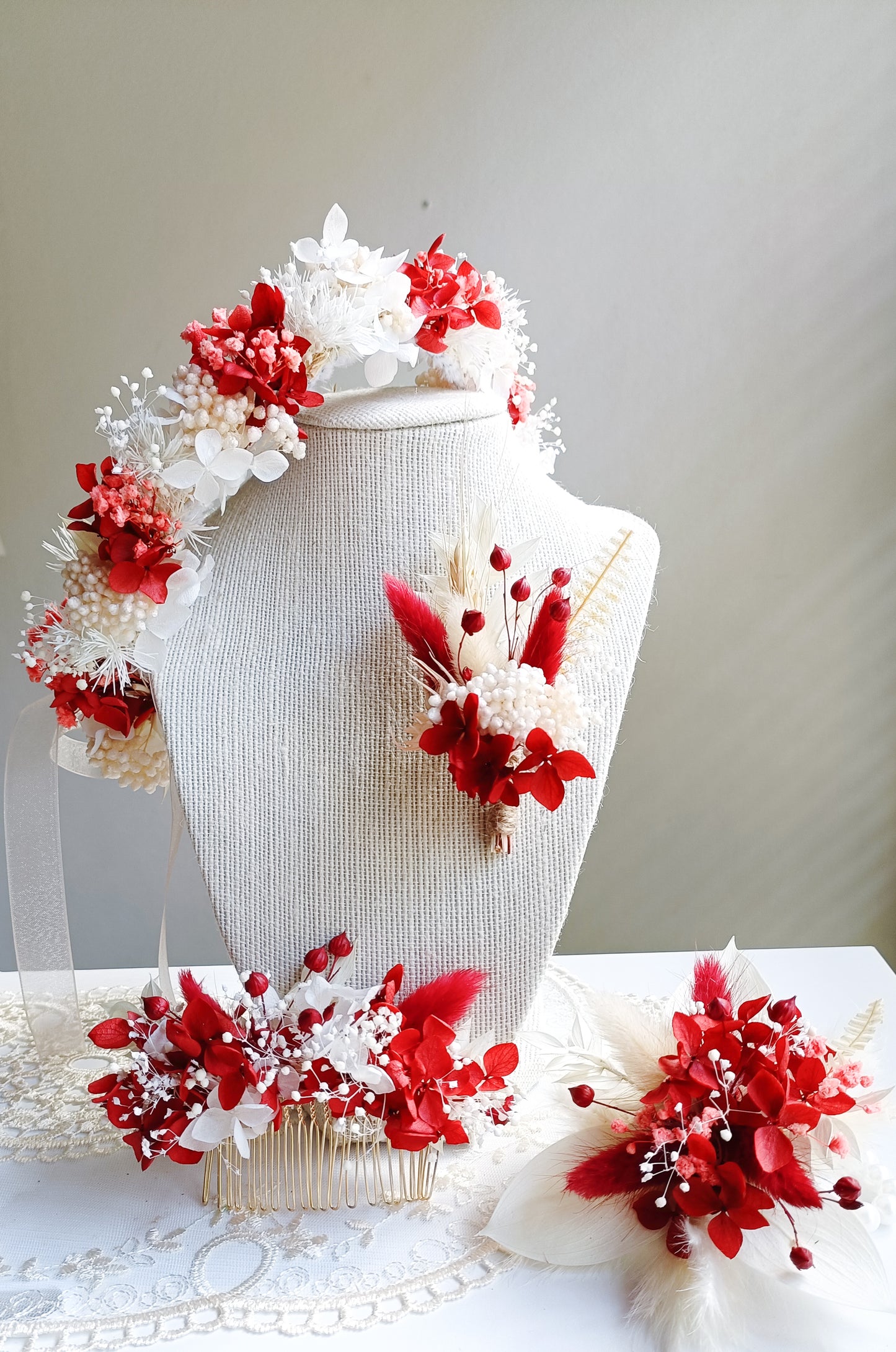 Dried Floral Crown | White & Dusty Red Crown