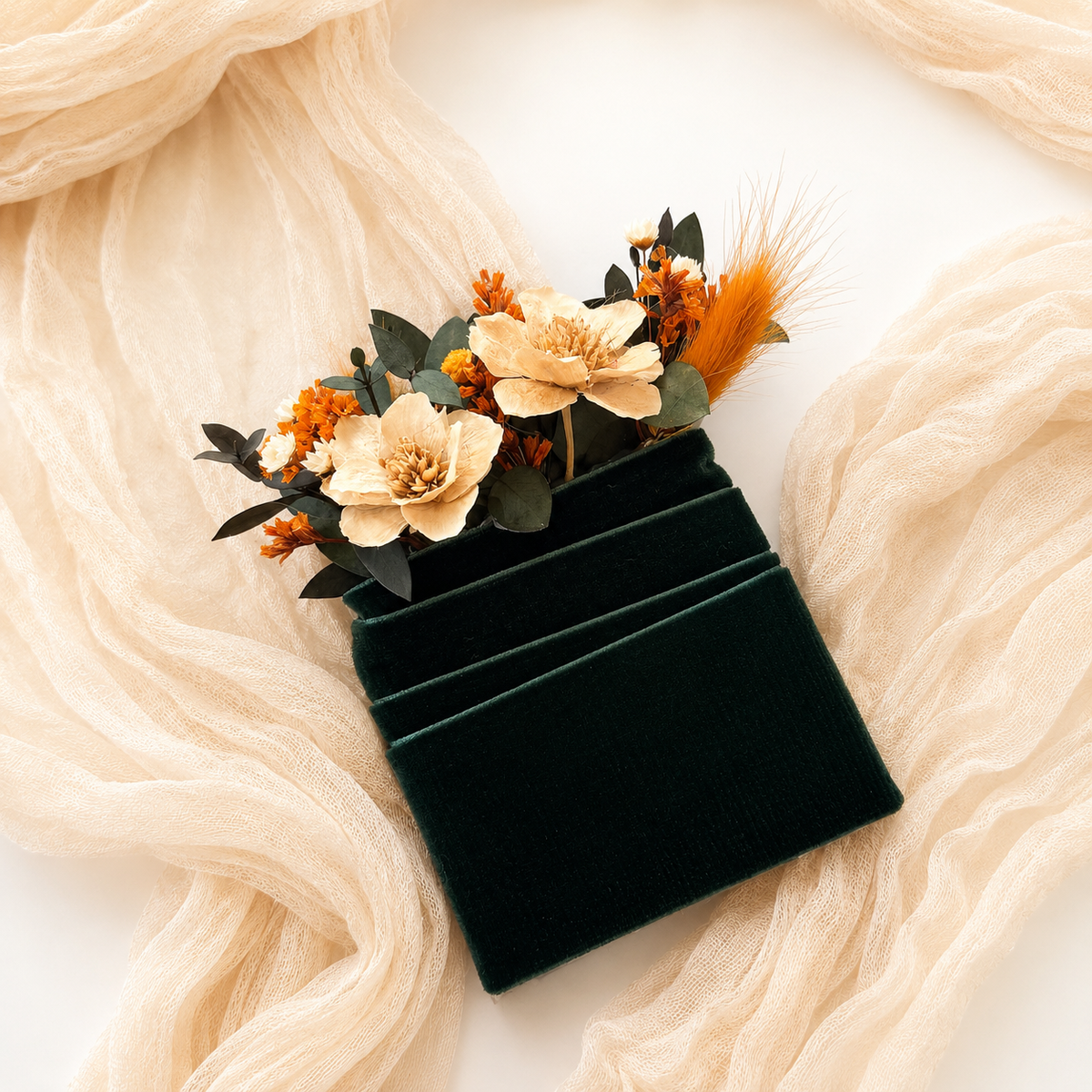 Rust and ivory pocket boutonniere with dried sola flowers, preserved eucalyptus and burnt orange accents for groom, rustic boho wedding suit accessory.