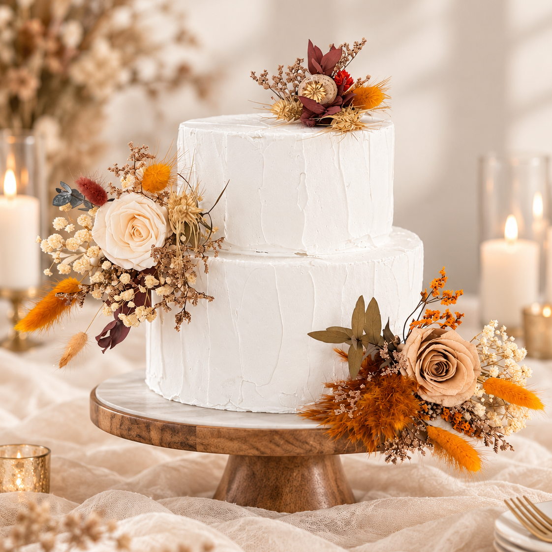Rustic boho wedding cake decorated with ivory roses, amber blooms and burnt orange dried foliage, featuring handcrafted dried flower cake toppers.