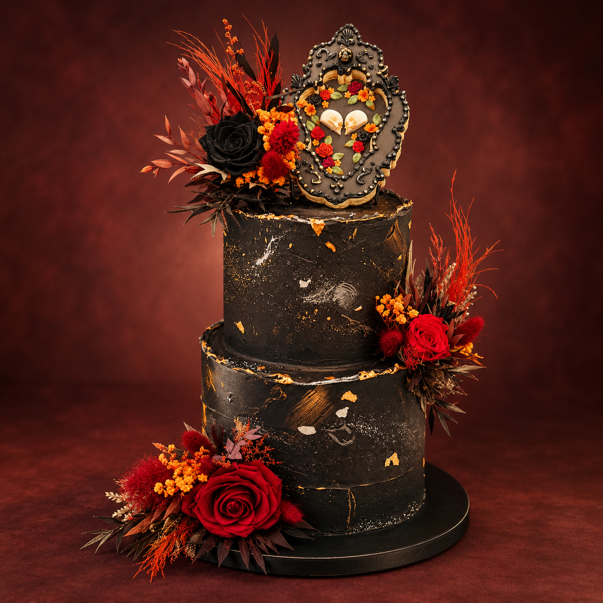 Rustic boho wedding cake decorated with black and burgundy roses with deep red dried florals, featuring handcrafted dried flower cake toppers.
