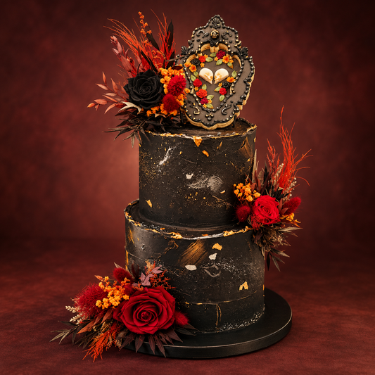 Rustic boho wedding cake decorated with black and burgundy roses with deep red dried florals, featuring handcrafted dried flower cake toppers.
