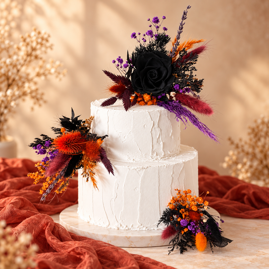 Rustic boho wedding cake decorated with dark floral tones, burgundy details and dramatic preserved foliage, featuring handcrafted dried flower cake toppers.