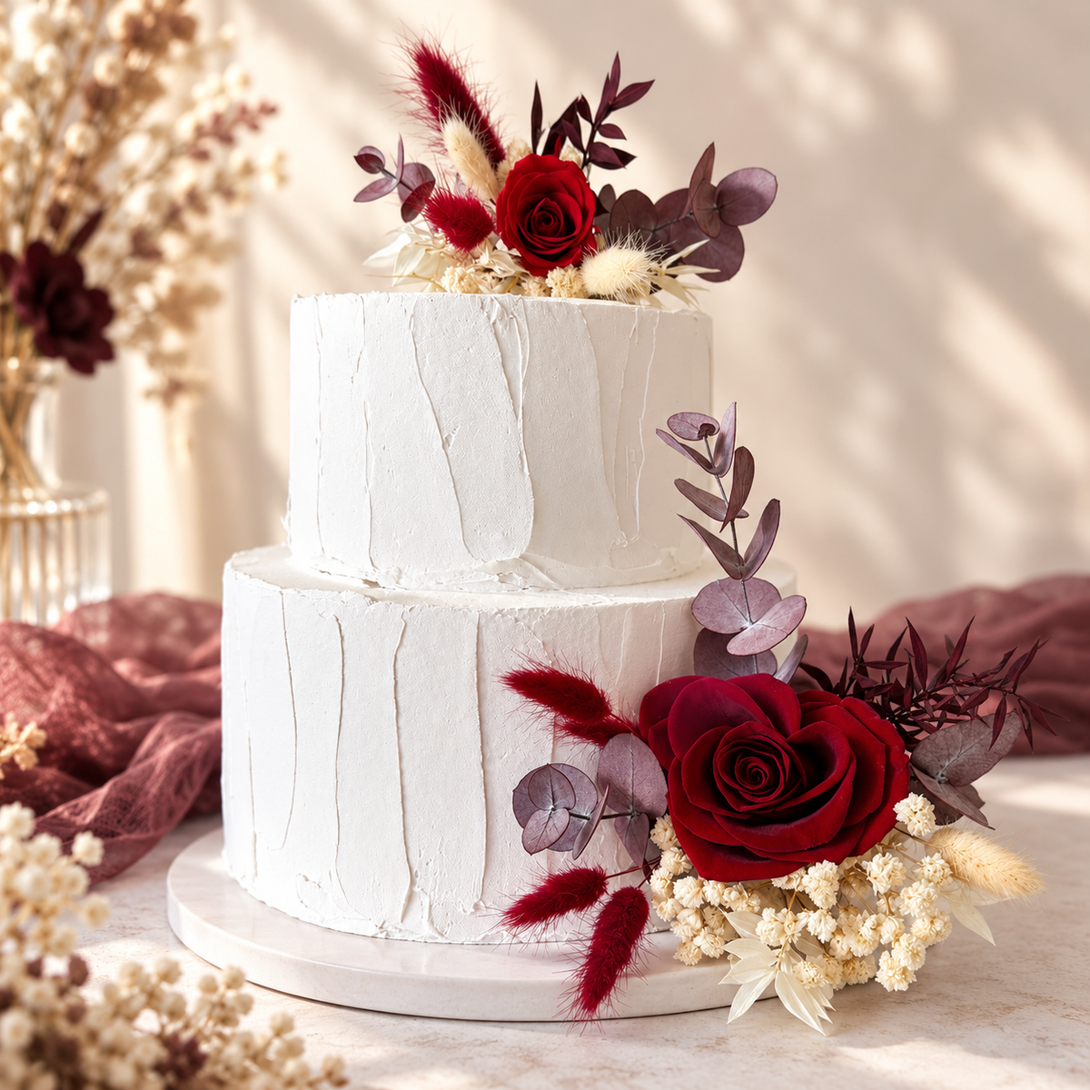 Rustic boho wedding cake decorated with burgundy red roses, ivory accents and preserved eucalyptus, featuring handcrafted dried flower cake toppers.