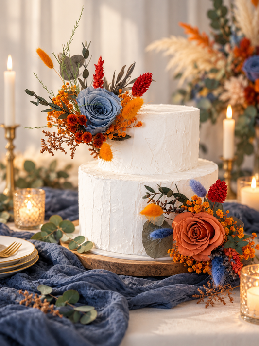 Rustic boho wedding cake decorated with dusty blue roses, amber blooms and autumn foliage, featuring handcrafted dried flower cake toppers.
