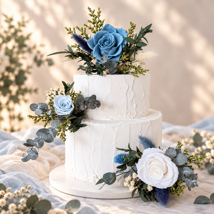 Rustic boho wedding cake decorated with soft blue roses, ivory flowers and natural preserved greenery, featuring handcrafted dried flower cake toppers.