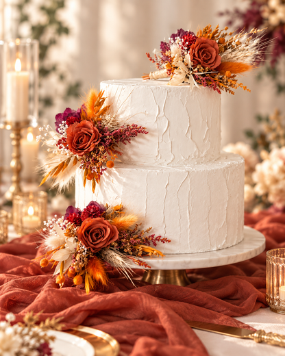 Rustic boho wedding cake decorated with honey gold, rust orange and cream dried florals, featuring handcrafted dried flower cake toppers.