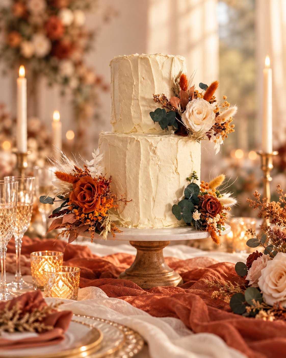Rustic boho wedding cake decorated with ivory roses, champagne tones and terracotta dried flowers, featuring handcrafted dried flower cake toppers.