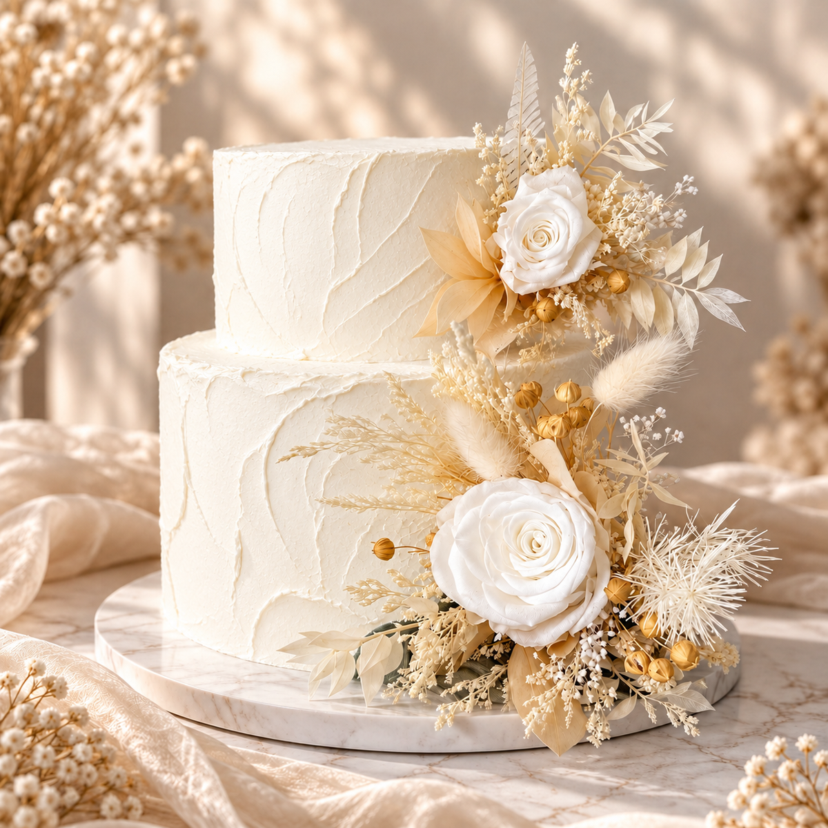 Rustic boho wedding cake decorated with ivory white roses and delicate neutral dried flowers, featuring handcrafted dried flower cake toppers.