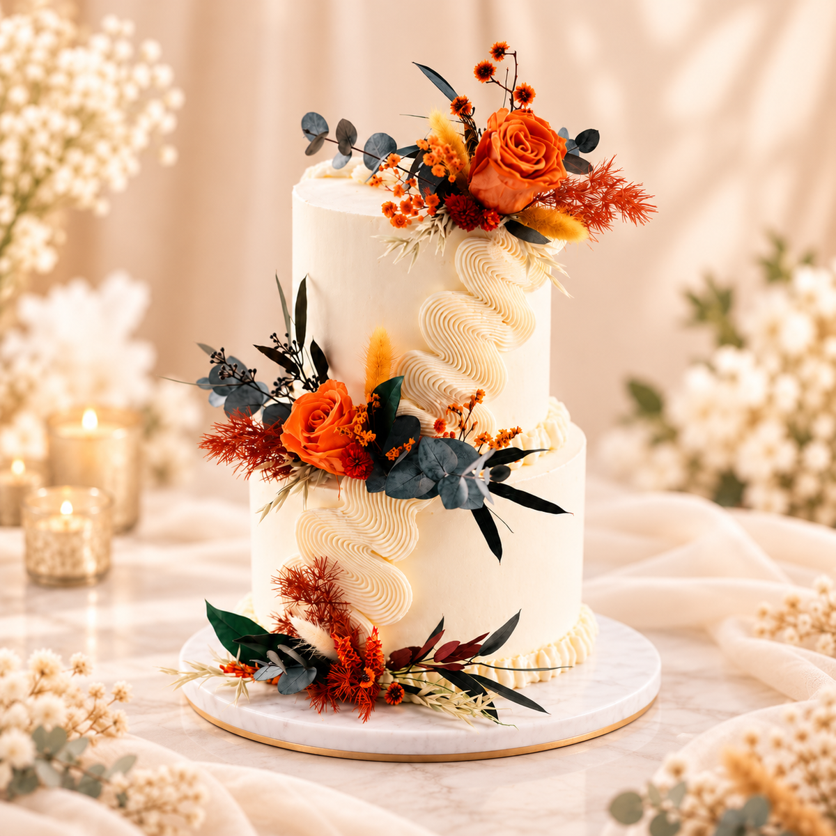 Rustic boho wedding cake decorated with terracotta roses, warm orange blooms and dried foliage, featuring handcrafted dried flower cake toppers.