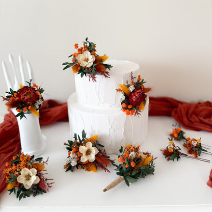 Rustic orange dried flower mini set for cake decoration or wedding table styling. Handmade boho floral accessories for Australian weddings