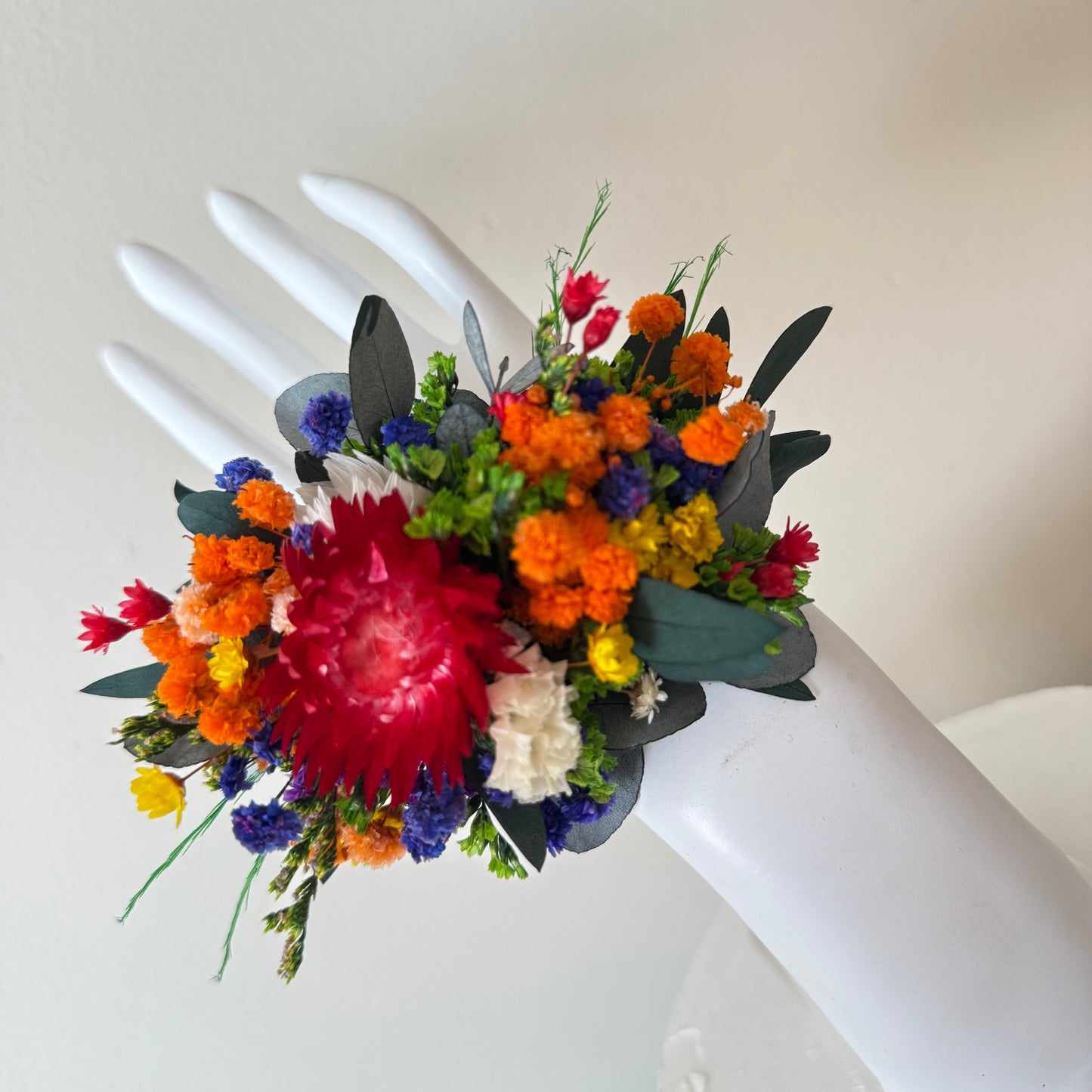  colorful rustic wildflower corsages handmade in Sydney, Australia, with dried and preserved blooms