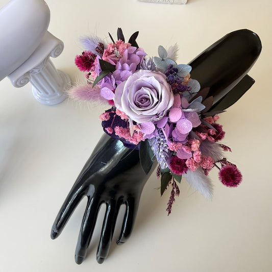 Lilac and purple preserved flower wrist corsage with lavender rose, hydrangea and dried flowers for weddings and formals