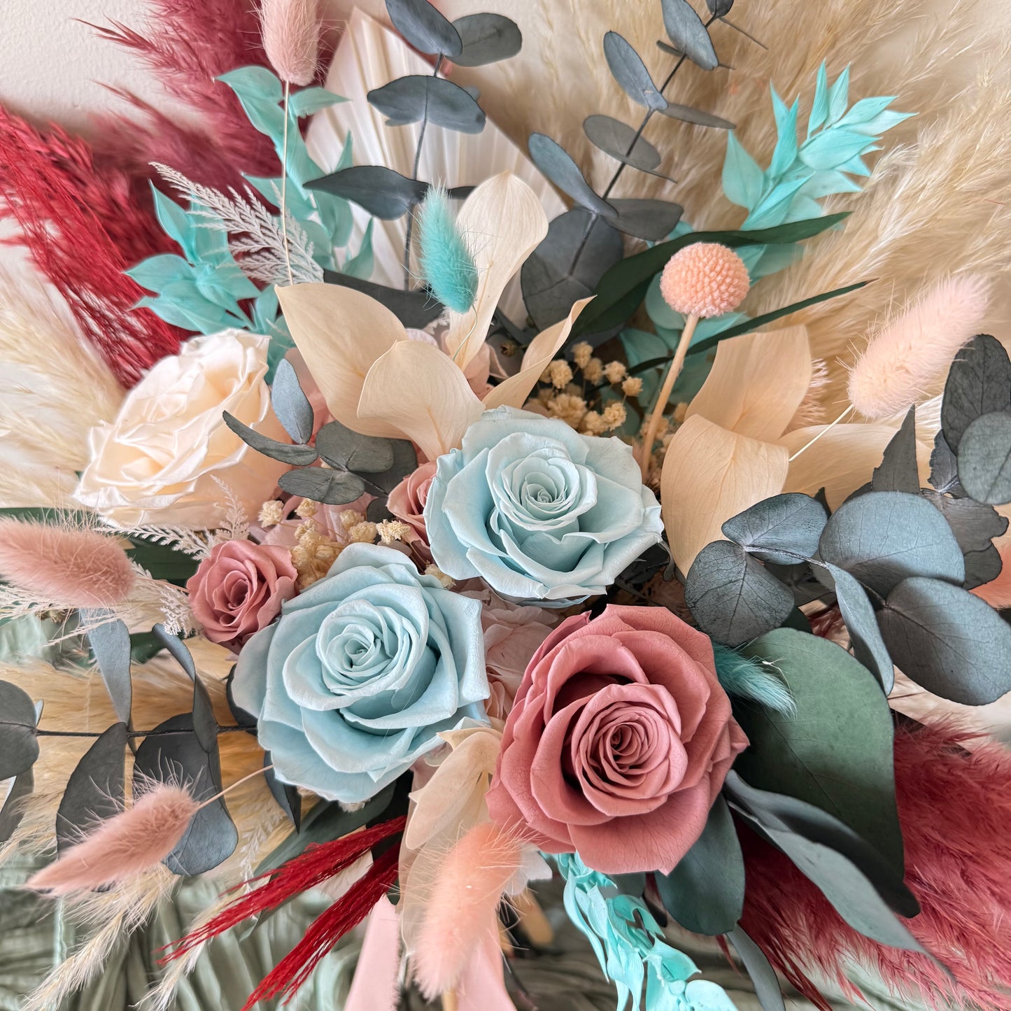 Seafoam mint and dusty blue dried wedding bouquet with blush sola wood roses, eucalyptus and fluffygrass — boho rustic bridal flowers handmade in Australia