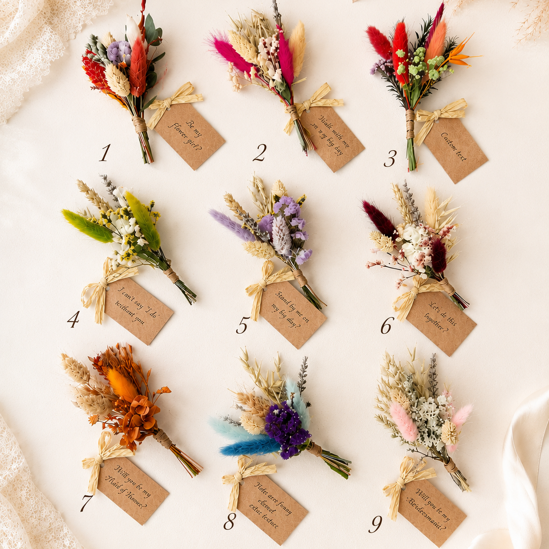 Nine small dried floral bouquets arranged in a 3-by-3 grid on a light cream fabric background, each tied with a tan ribbon and attached to a small kraft paper tag with handwritten place-name text. Numbers 1 through 9 appear beneath each bouquet.