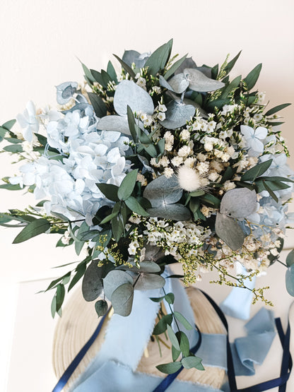 dusty blue wedding bouquet, blue and white bridal bouquet, soft blue floral arrangement, light blue preserved flowers, pastel blue bouquet, rustic blue wedding bouquet, boho blue bridal bouquet, elegant blue and white bouquet, romantic wedding bouquet, vintage-inspired bouquet, medium bridal bouquet, hand-tied wedding bouquet, loose organic bouquet, blue wedding theme, dusty blue wedding inspiration, rustic boho wedding flowers, elegant blue and white wedding, classic blue wedding bouquet