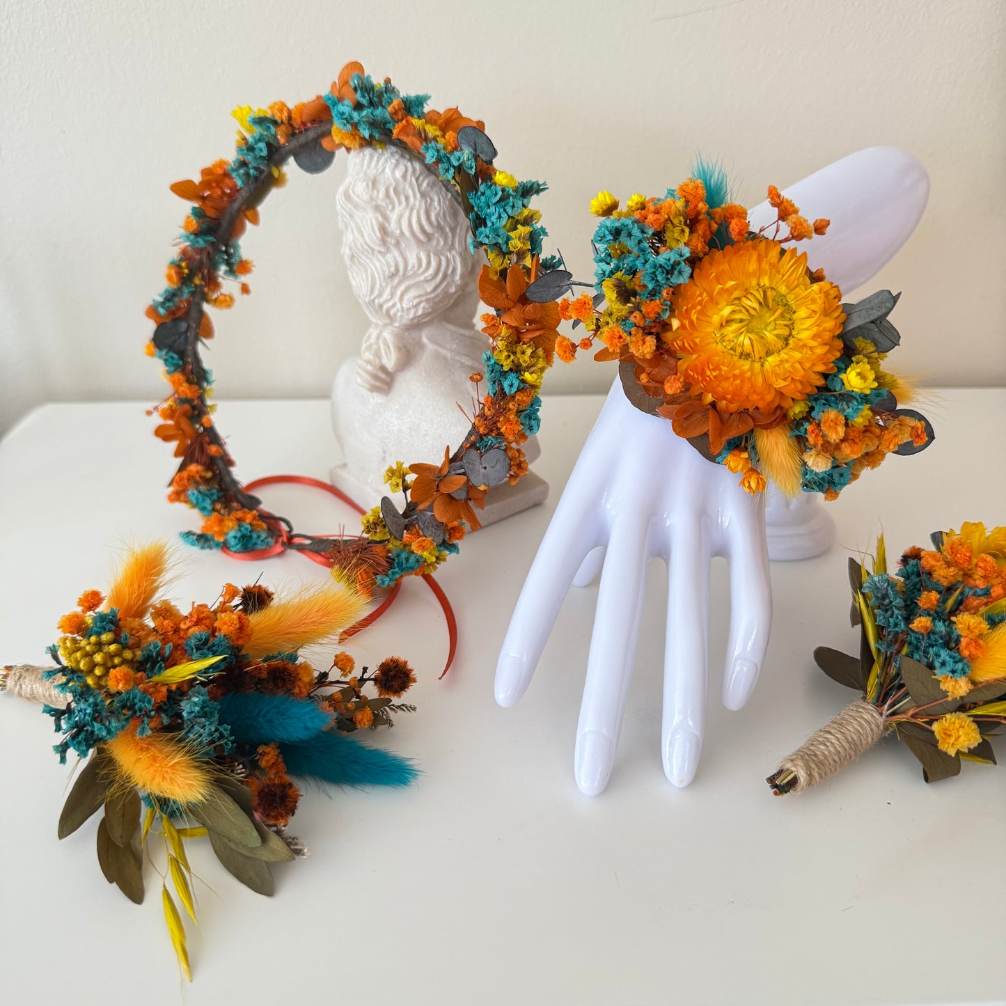 Sunflower and teal wedding accessories set including flower crown, wrist corsage and boutonniere