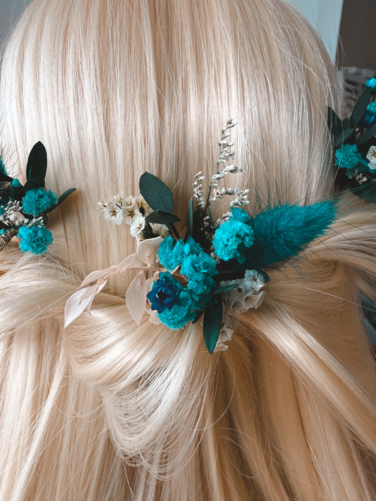 Teal blue dried flower bridal hairpiece with greenery. Handmade boho wedding headpiece for brides or bridesmaids in Australia. Elegant and unique