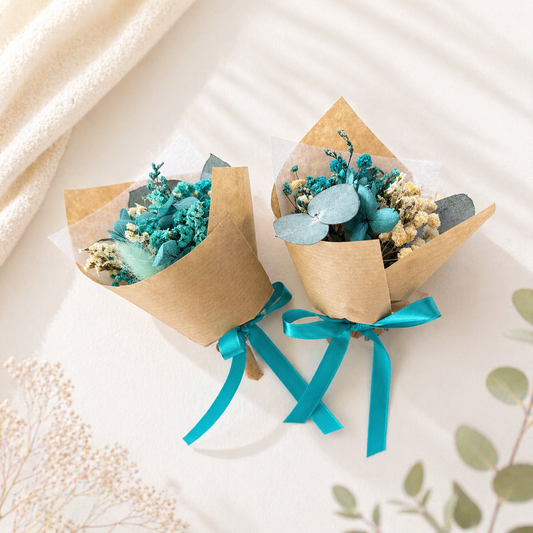 Teal dried flower bouquet set with turquoise ribbon and eucalyptus, wrapped in kraft paper, perfect for bridesmaid proposal or wedding gift