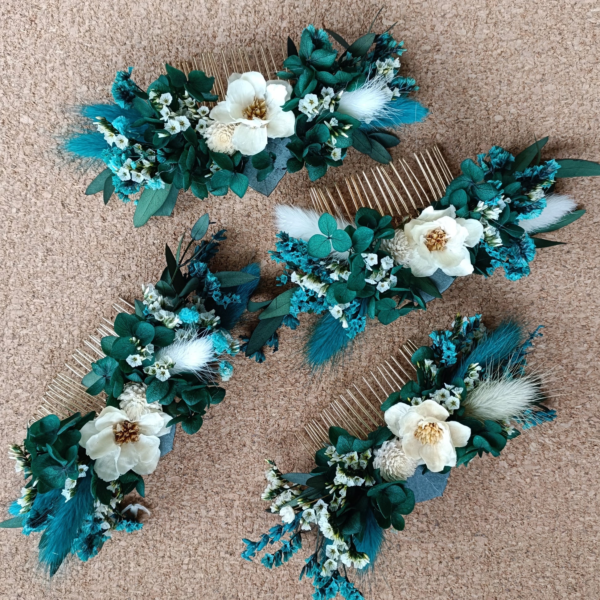 Boho flower comb with teal and cream flowers for wedding hair accessory