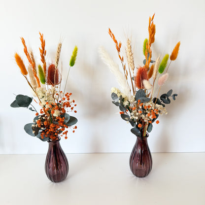 Boho dried flower arrangement in terracotta and orange tones with preserved eucalyptus and bunny tails, handmade in Australia and sold without vase