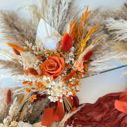 Terracotta pampas floral arrangement with preserved roses