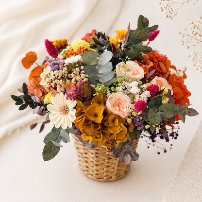 Colorful bouquet of flowers in a woven basket on a light background