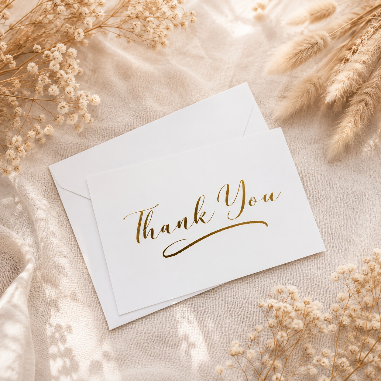 A white thank you card with elegant gold foil script reading 'Thank You,' placed on top of a matching white envelope. The card and envelope are arranged in a styled flat lay on soft cream fabric, surrounded by dried baby's breath and pampas grass.