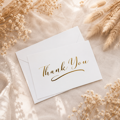 A white thank you card with elegant gold foil script reading 'Thank You,' placed on top of a matching white envelope. The card and envelope are arranged in a styled flat lay on soft cream fabric, surrounded by dried baby's breath and pampas grass.