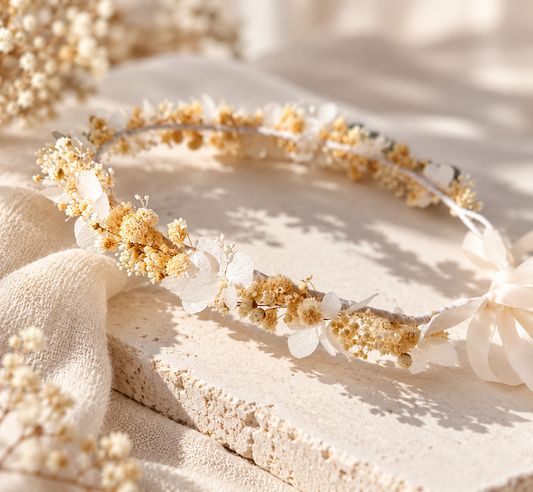 Delicate thin dried flower crown handmade with preserved hydrangea and baby’s breath in soft ivory and natural tones