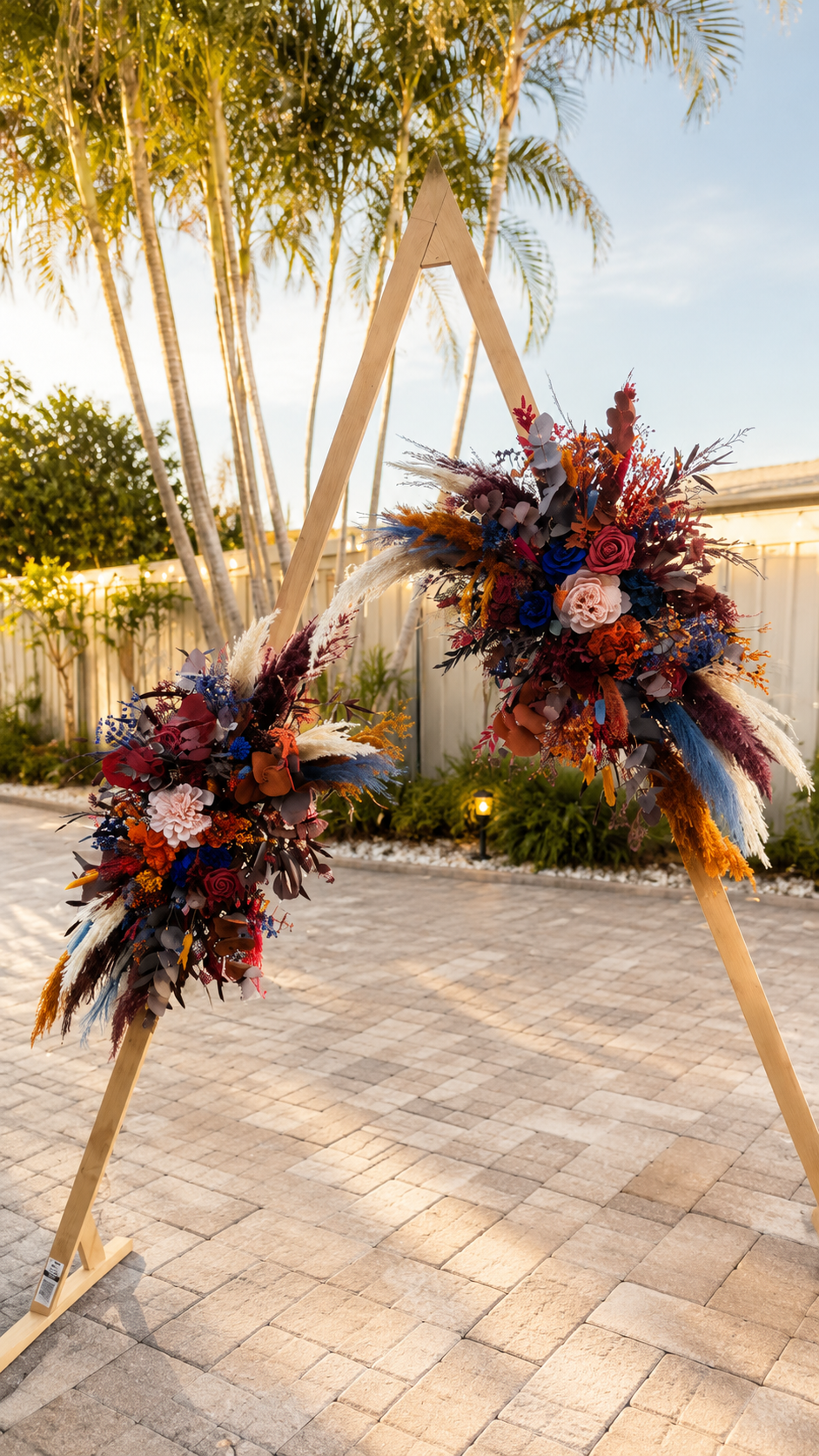 Luxury dried flower arrangements attached to a wooden triangle wedding arch