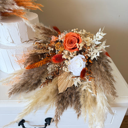 Detailed view of terracotta preserved wedding bouquet