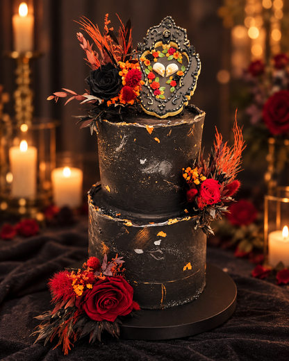 Natural dried and preserved cake topper arrangement featuring black and burgundy roses with deep red dried florals for a romantic boho wedding.