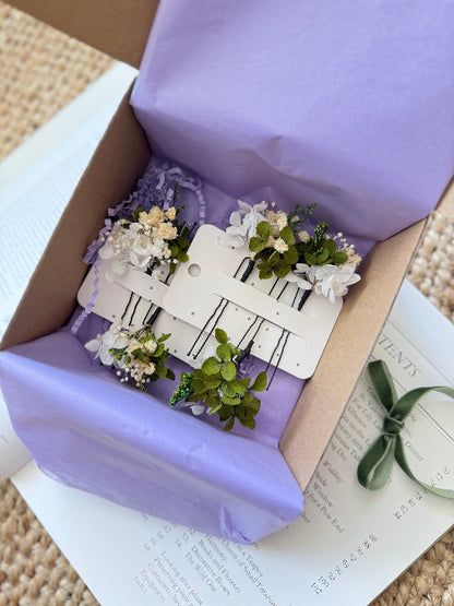 White dried flower bridal hair pins beautifully packaged in a gift box, perfect for brides, bridesmaids, and Australian boho weddings.