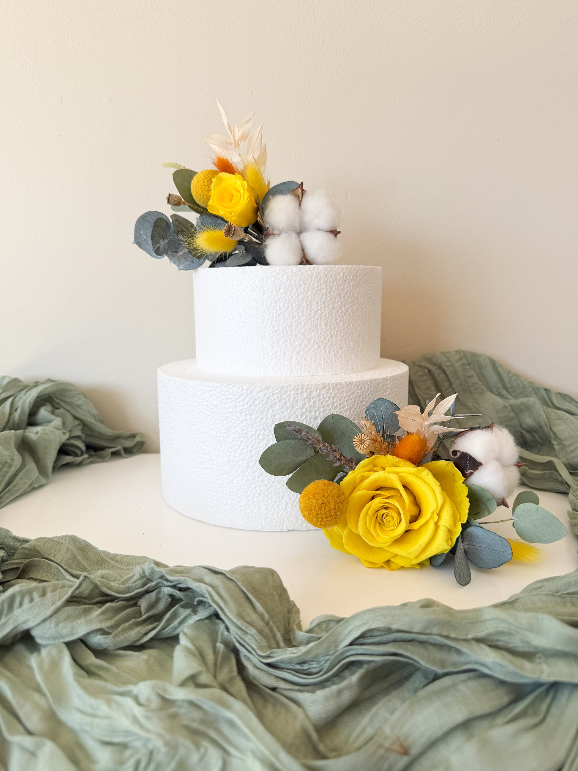 Complete dried cake flower set with yellow sola roses, eucalyptus greenery and cotton – rustic boho wedding cake decoration Australia