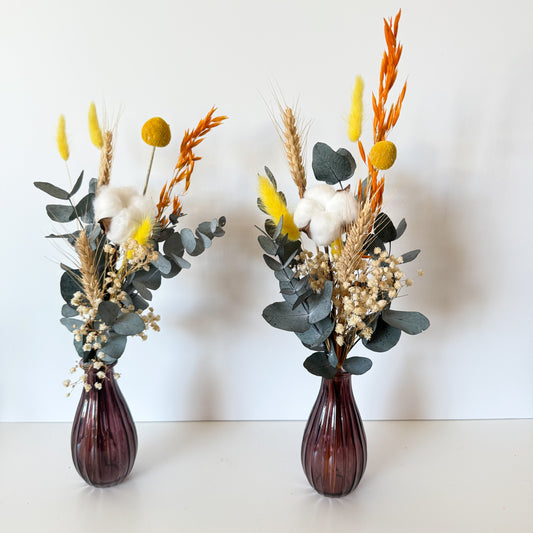 Boho dried flower arrangement in yellow, white, and natural tones with eucalyptus and cotton, handmade in Australia and sold without vase